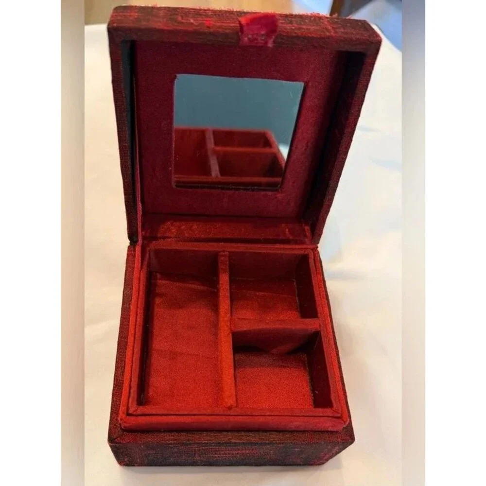 Vintage Red Beaded Wooden Jewelry Box Trinket Keepsake Box Mirror Boho Decor